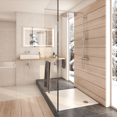 Ein Badkonzept mit Armaturen von Grohe, Sanitaer von Kaldewei und Fliesen von Villeroy & Boch in modernen rustikalen Style.
